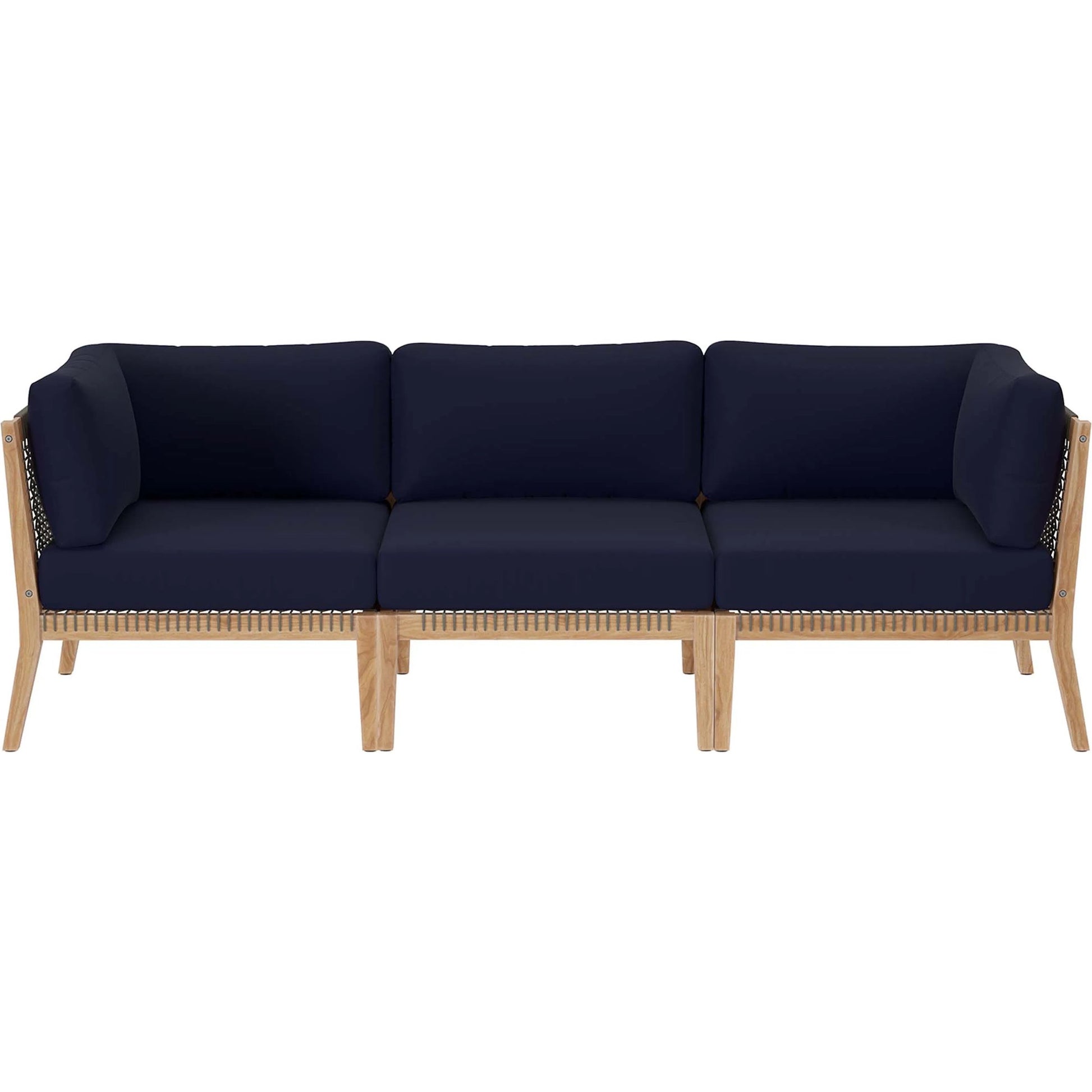 Cooper Teak Wood Sofa by Evans & Londeen. Made from teak wood, rope, quick dry foam, tack glides in a modern style.