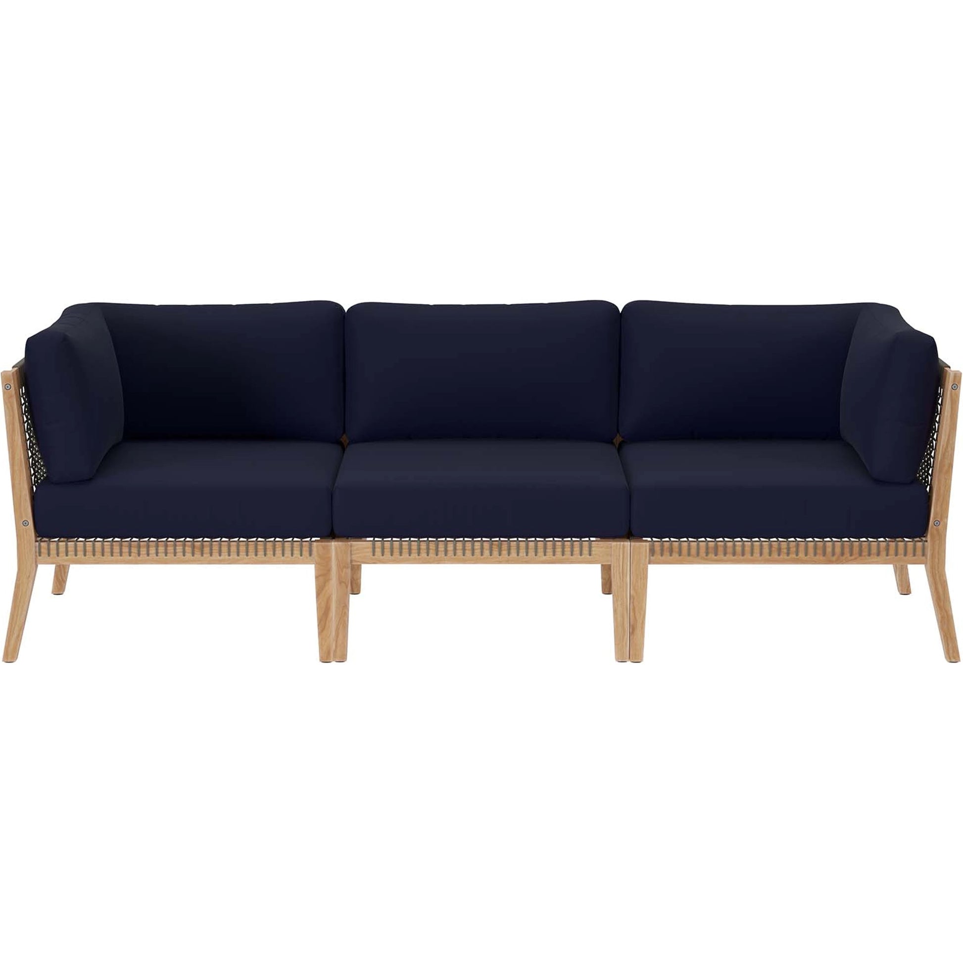 Cooper Teak Wood Sofa by Evans & Londeen. Made from teak wood, rope, quick dry foam, tack glides in a modern style.