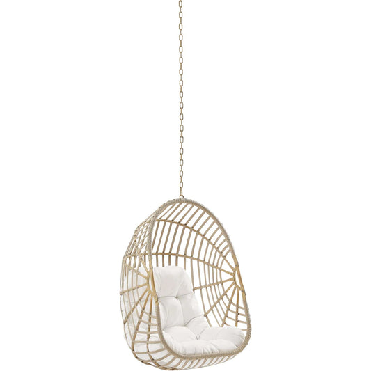 Gilmer Rattan Swing Chair without Stand by Evans & Londeen in natural white. Made from steel, rattan, rope, weimas white fabric, natural rattan #7x-302, stand, base in natural color mc03, spring holder, 2m chains (extra), 28