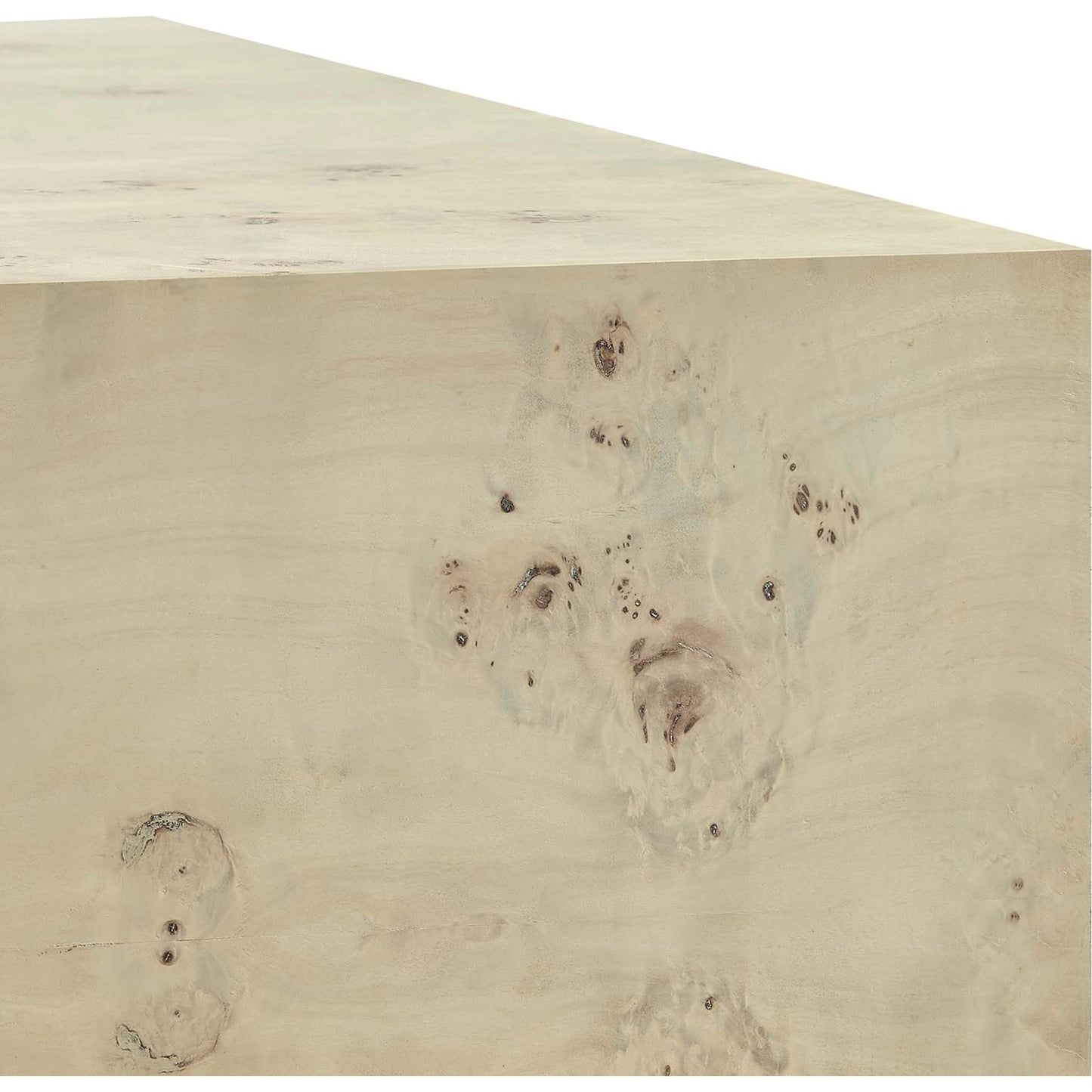 004 SI-2135503 | Closeup | Clearfield 36" Square Burl Wood Coffee Table by Evans & Londeen. Made from mdf, burl veneer in a modern style.