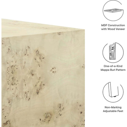 Clearfield 36" Square Burl Wood Coffee Table by Evans & Londeen. Made from mdf, burl veneer in a modern style.