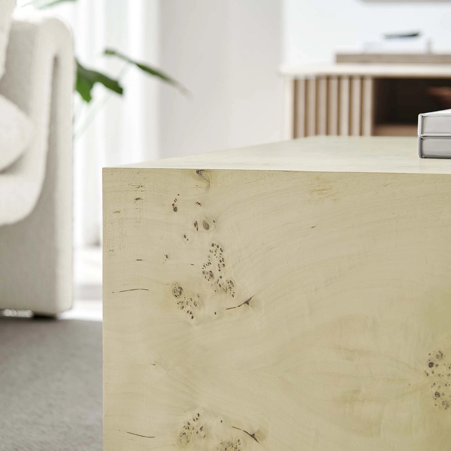 008 SI-2135503 | Lifestyle | Clearfield 36" Square Burl Wood Coffee Table by Evans & Londeen. Made from mdf, burl veneer in a modern style.