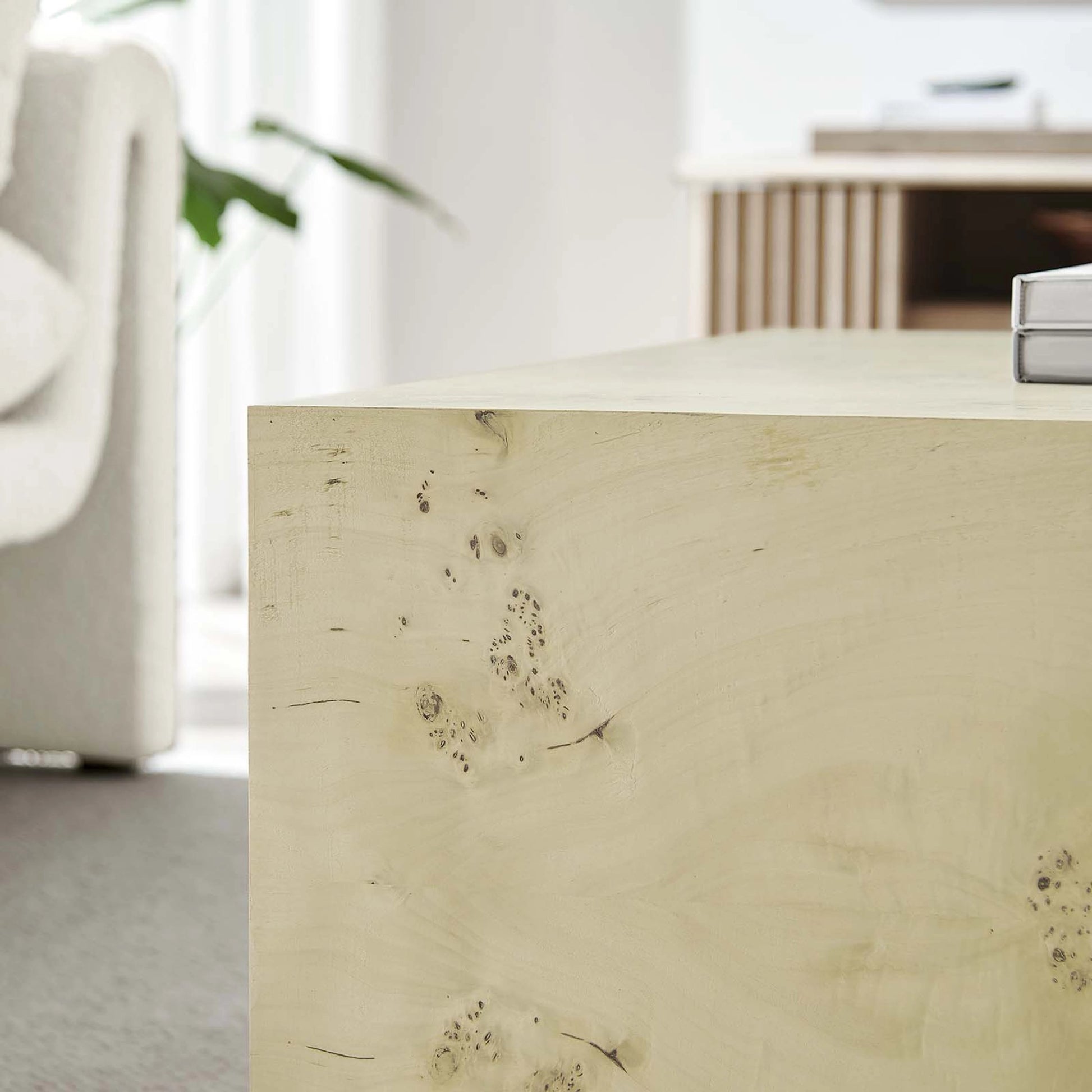 Clearfield 36" Square Burl Wood Coffee Table by Evans & Londeen. Made from mdf, burl veneer in a modern style.