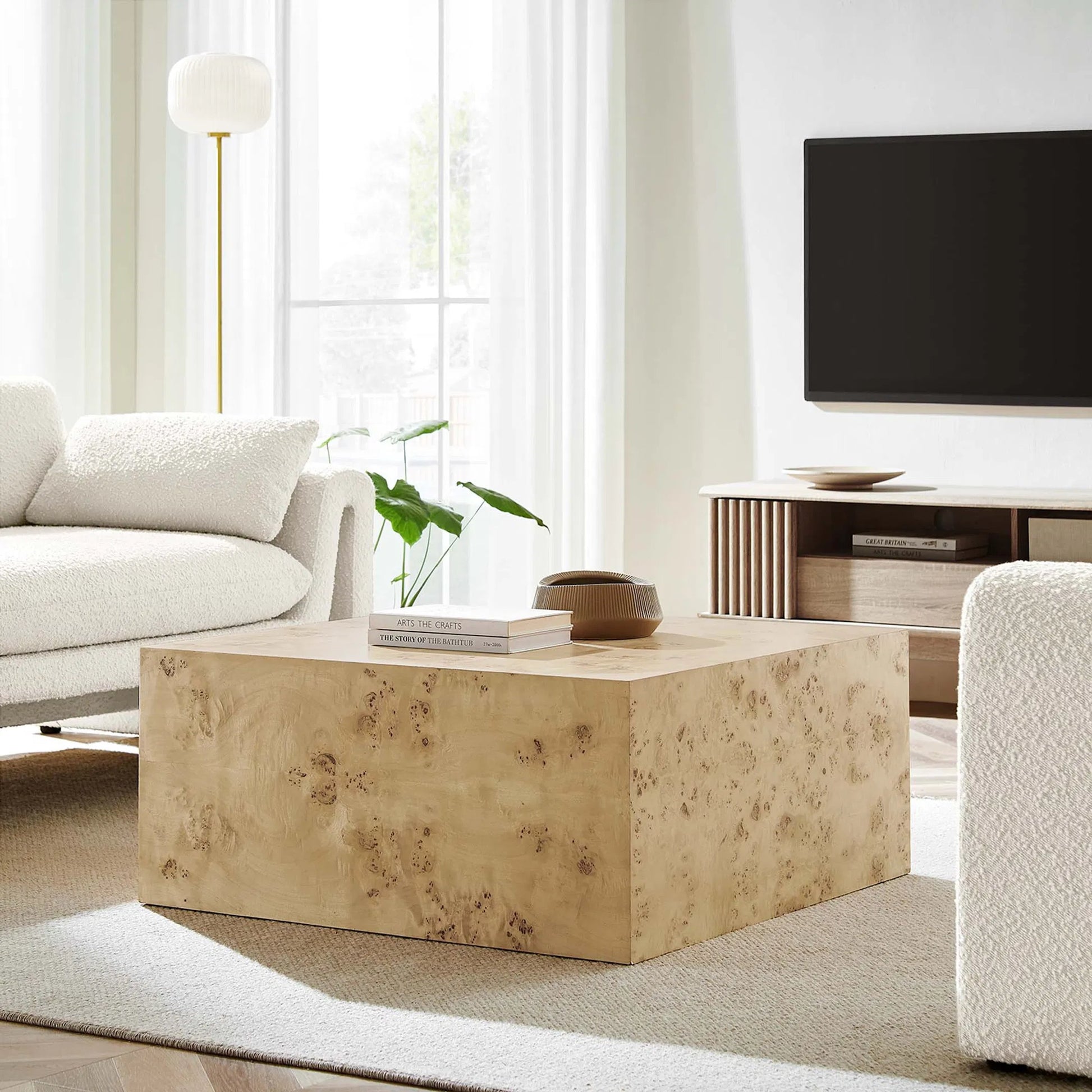 Clearfield 36" Square Burl Wood Coffee Table by Evans & Londeen. Made from mdf, burl veneer in a modern style.