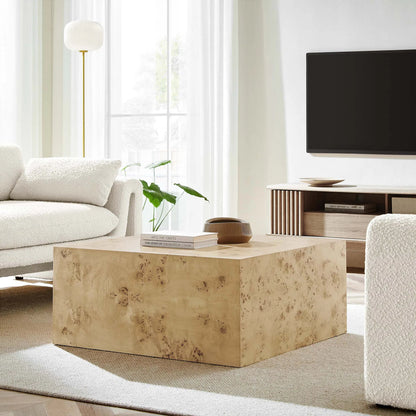Clearfield 36" Square Burl Wood Coffee Table by Evans & Londeen. Made from mdf, burl veneer in a modern style.