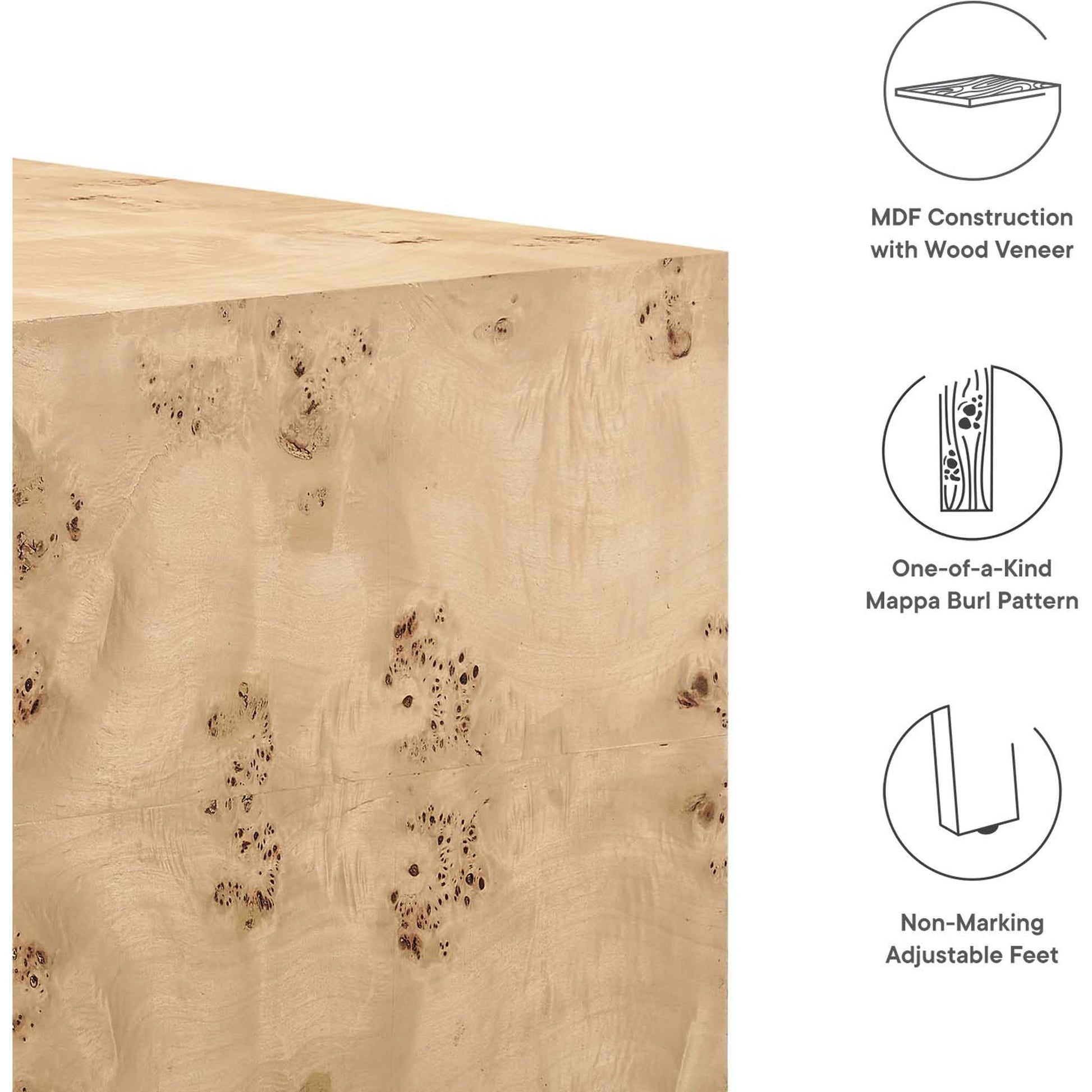 Clearfield 36" Square Burl Wood Coffee Table by Evans & Londeen. Made from mdf, burl veneer in a modern style.