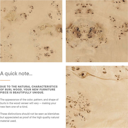 Clearfield 36" Square Burl Wood Coffee Table by Evans & Londeen. Made from mdf, burl veneer in a modern style.