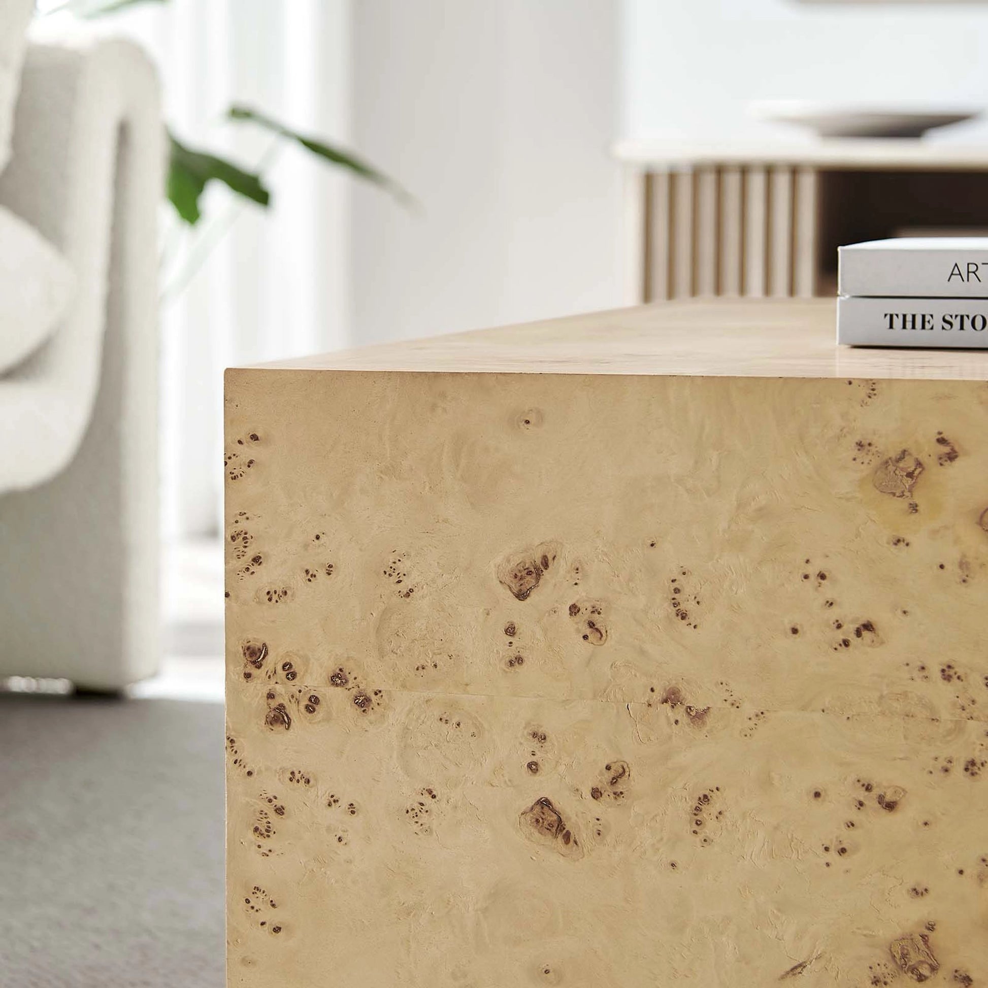 Clearfield 36" Square Burl Wood Coffee Table by Evans & Londeen. Made from mdf, burl veneer in a modern style.