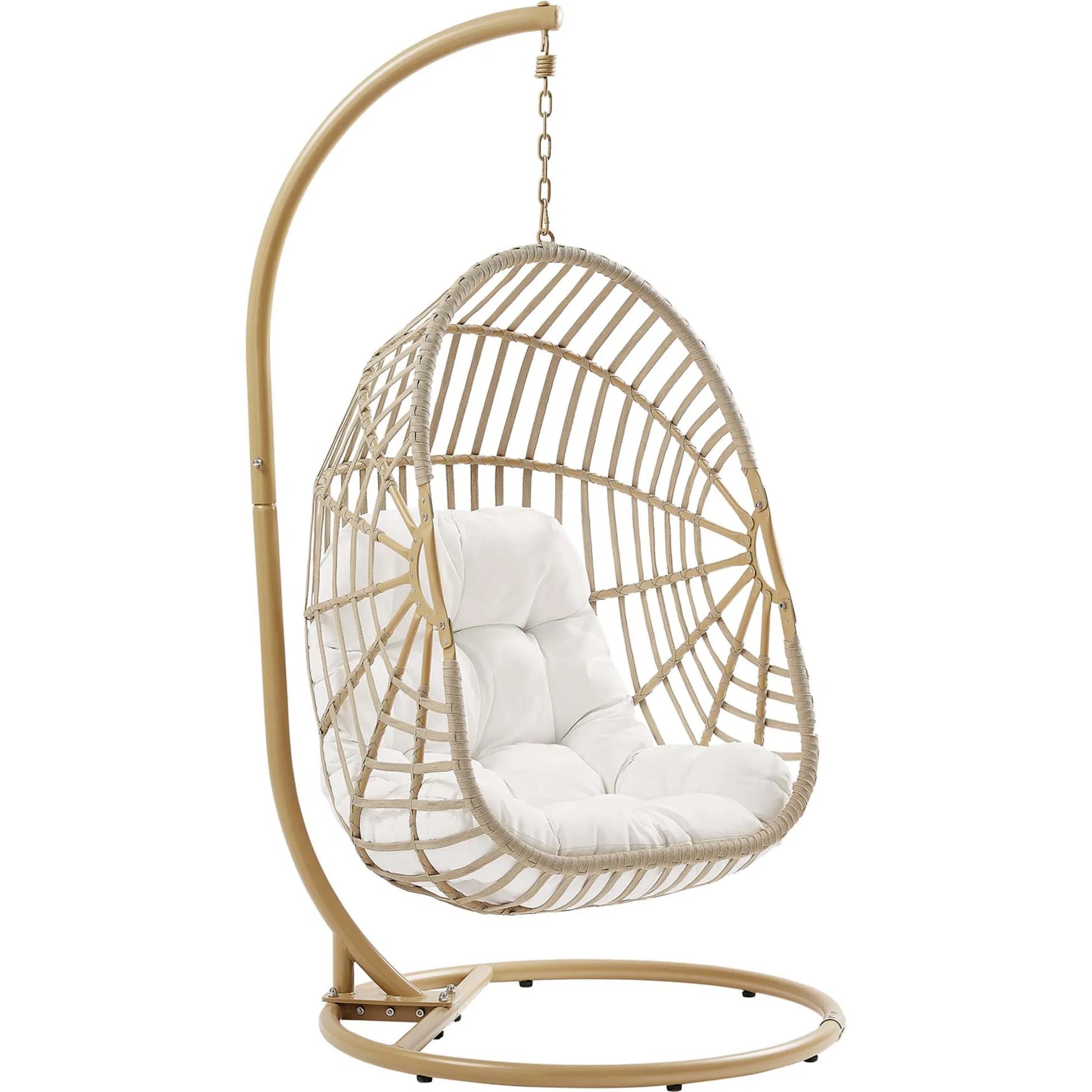 Gilmer Rattan Swing Chair by Evans & Londeen in natural white. Made from steel, rattan, rope, weimas white fabric, natural rattan #7x-302, stand, base in natural color mc03, spring holder, 2m chains (extra), 280mm chains in a cottage &