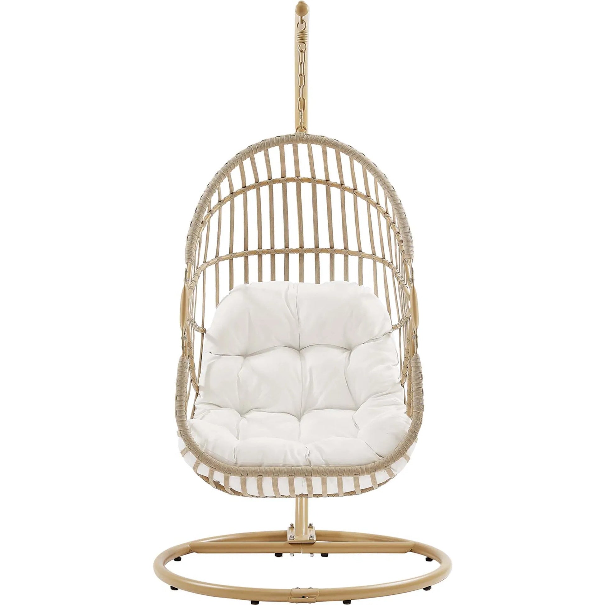 Gilmer Rattan Swing Chair by Evans & Londeen in natural white. Made from steel, rattan, rope, weimas white fabric, natural rattan #7x-302, stand, base in natural color mc03, spring holder, 2m chains (extra), 280mm chains in a cottage &