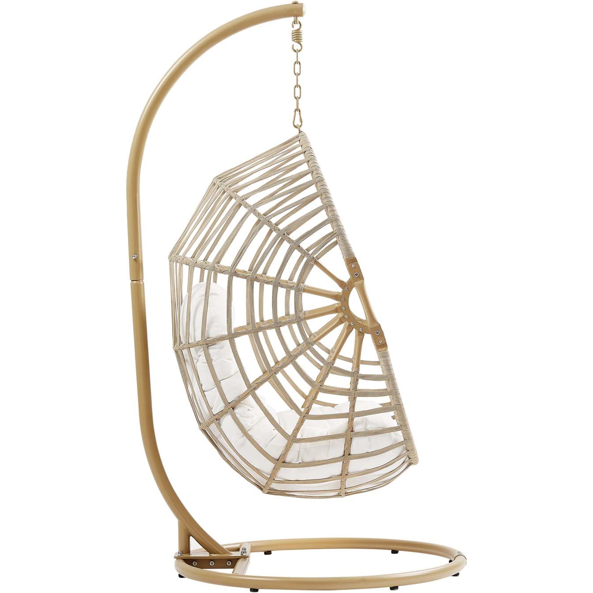 Gilmer Rattan Swing Chair by Evans & Londeen in natural white. Made from steel, rattan, rope, weimas white fabric, natural rattan #7x-302, stand, base in natural color mc03, spring holder, 2m chains (extra), 280mm chains in a cottage &