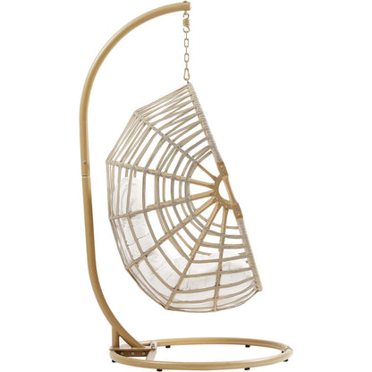 Gilmer Rattan Swing Chair by Evans & Londeen in natural white. Made from steel, rattan, rope, weimas white fabric, natural rattan #7x-302, stand, base in natural color mc03, spring holder, 2m chains (extra), 280mm chains in a cottage &