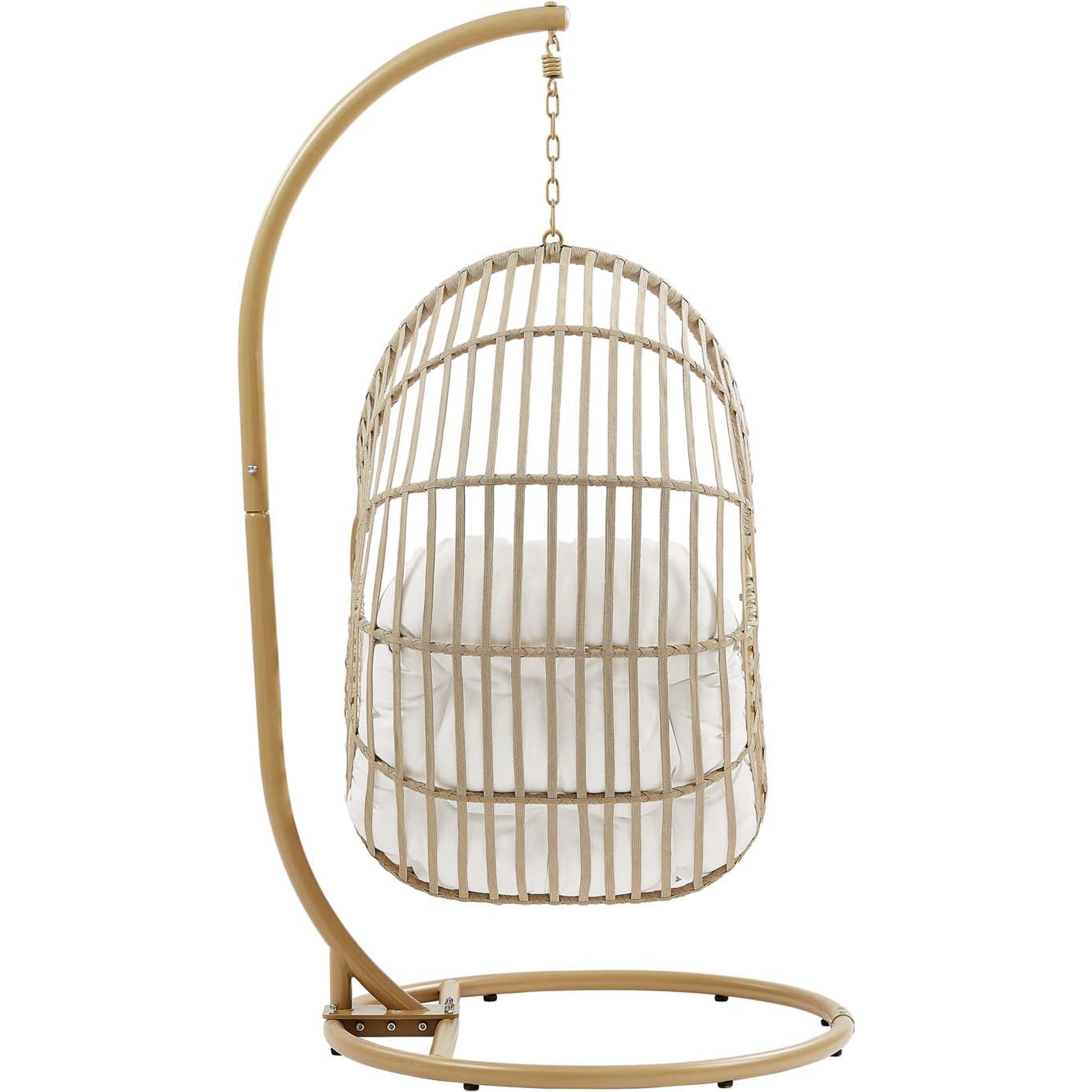Gilmer Rattan Swing Chair by Evans & Londeen in natural white. Made from steel, rattan, rope, weimas white fabric, natural rattan #7x-302, stand, base in natural color mc03, spring holder, 2m chains (extra), 280mm chains in a cottage &