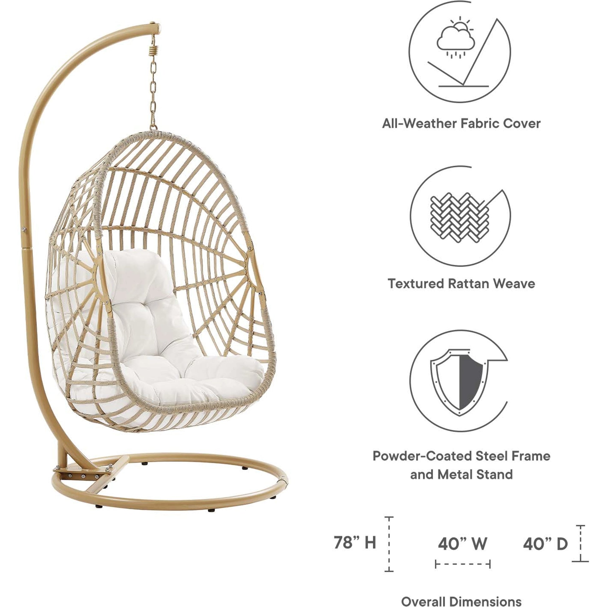 Gilmer Rattan Swing Chair by Evans & Londeen in natural white. Made from steel, rattan, rope, weimas white fabric, natural rattan #7x-302, stand, base in natural color mc03, spring holder, 2m chains (extra), 280mm chains in a cot