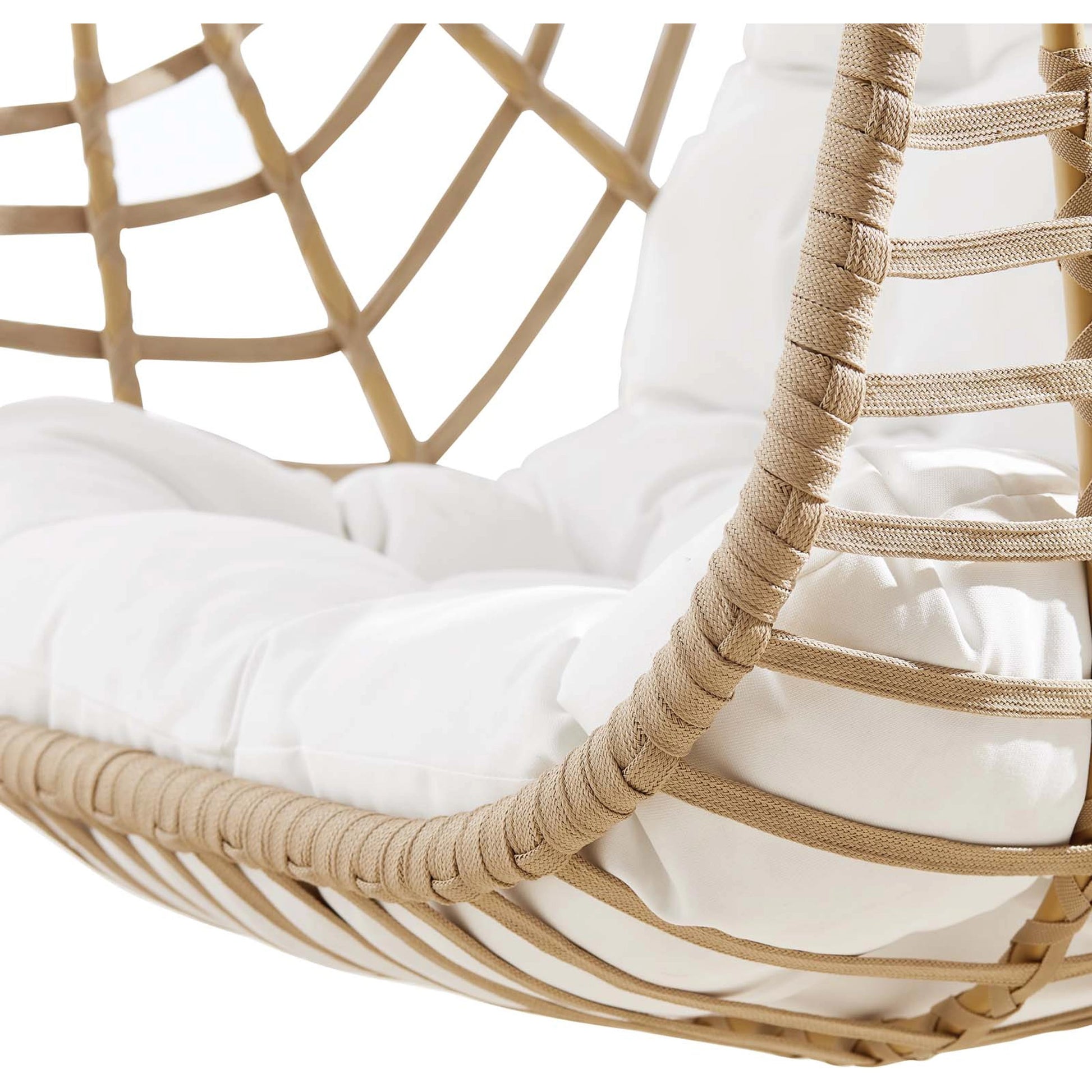 Gilmer Rattan Swing Chair by Evans & Londeen in natural white. Made from steel, rattan, rope, weimas white fabric, natural rattan #7x-302, stand, base in natural color mc03, spring holder, 2m chains (extra), 280mm chains in a cot