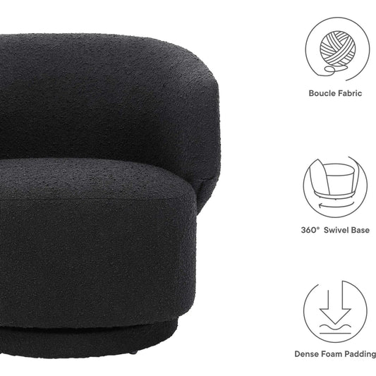 Clinton Boucle Swivel Chair by Evans & Londeen. Made from pine wood, plywood, elastic bondage in a modern style.