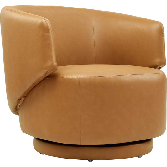 Clinton Vegan and Wood Swivel Chair by Evans & Londeen in tan. Made from pine wood, plywood, elastic bondage in a modern style.