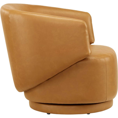 Clinton Vegan and Wood Swivel Chair by Evans & Londeen in tan. Made from pine wood, plywood, elastic bondage in a modern style.