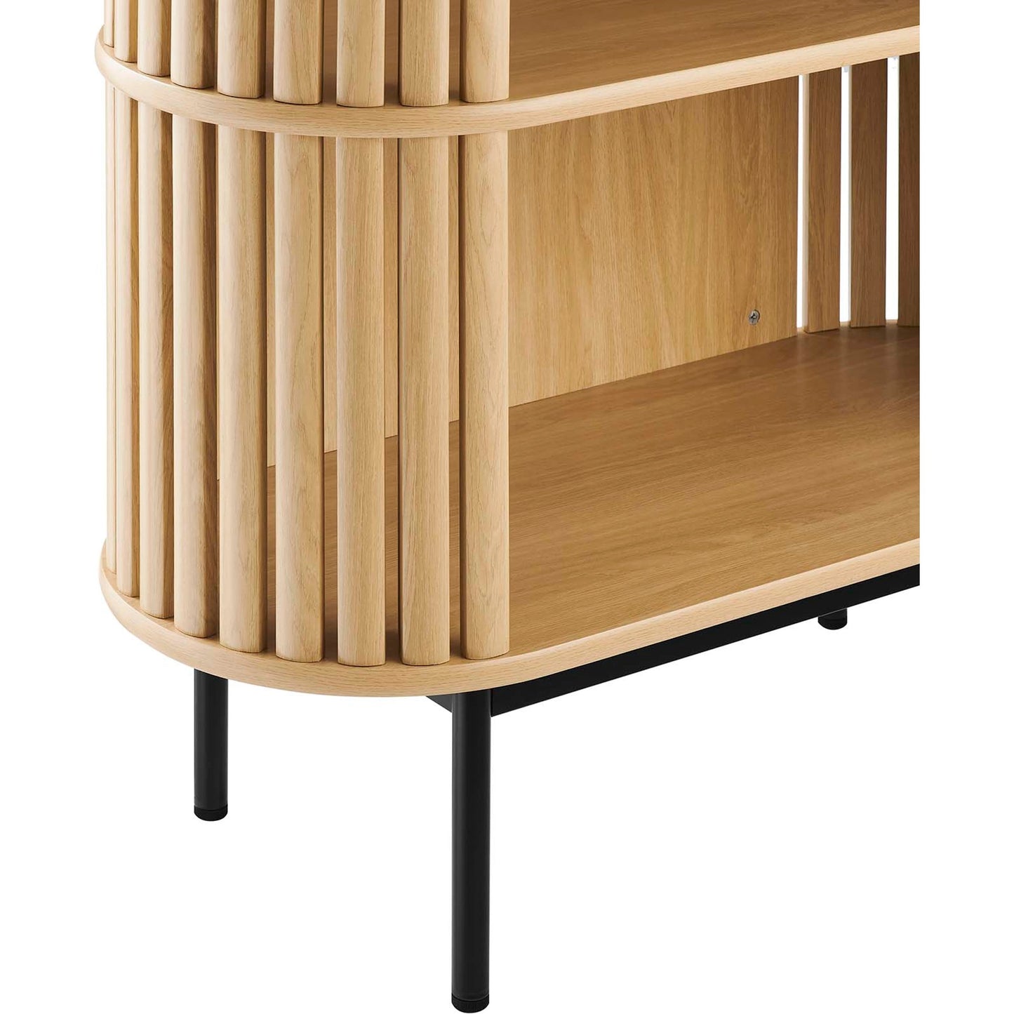003 SI-2107145 | Closeup | Winchester Three Tier Display Cabinet by Evans & Londeen. Made from mdf, particleboard, metal legs in a modern style.