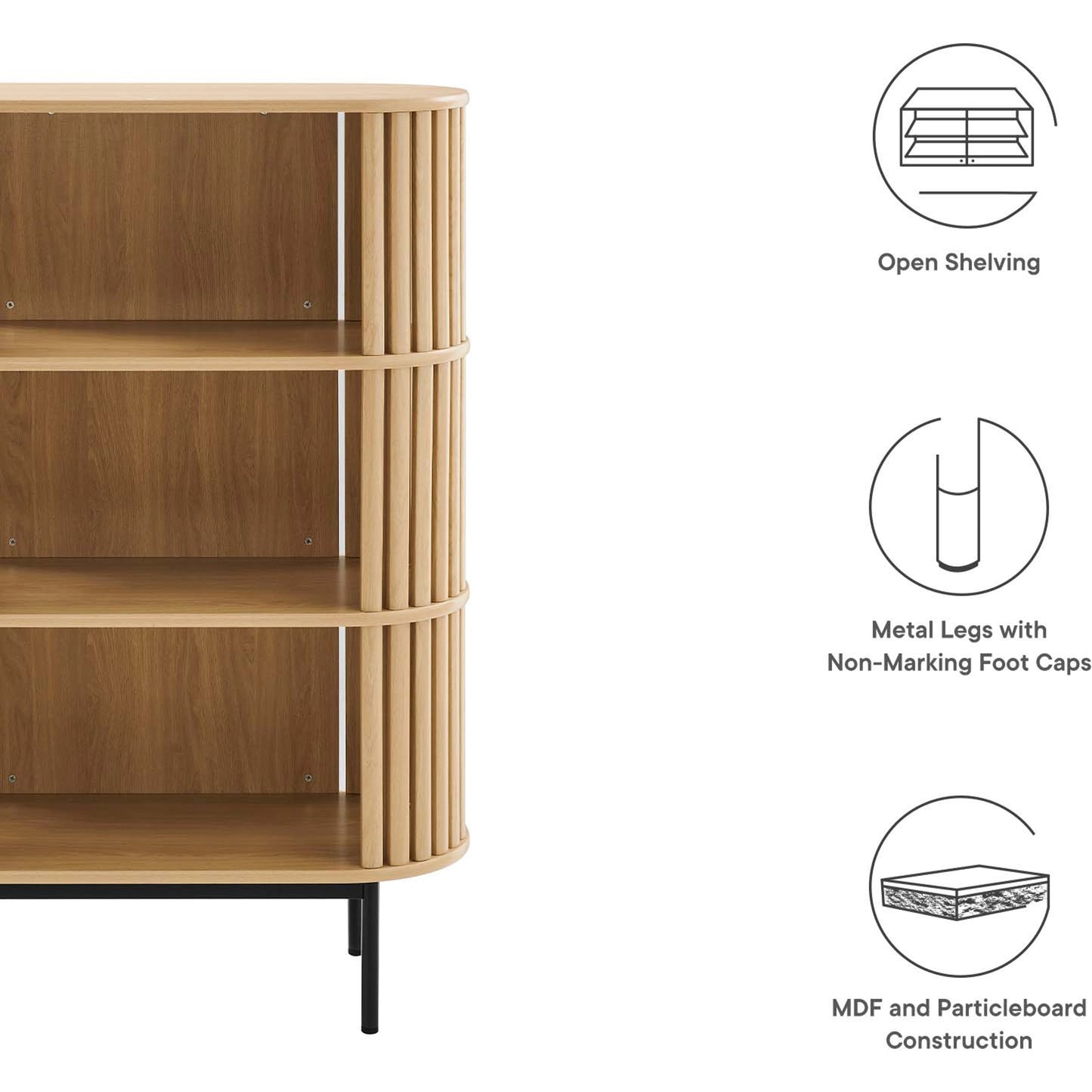 004 SI-2107145 | Closeup | Winchester Three Tier Display Cabinet by Evans & Londeen. Made from mdf, particleboard, metal legs in a modern style.