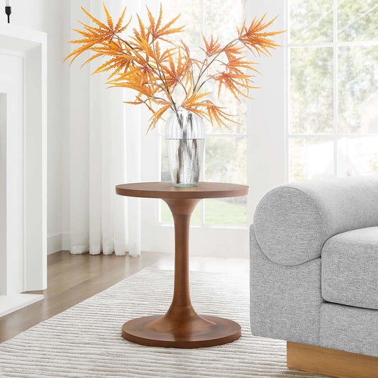 Allodium Round Mango Wood Side Table by Evans & Londeen in walnut. Made from wood in a modern style.