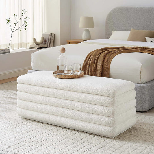 Owen Boucle Storage Bench by Evans & Londeen in cloud. Made from boucle upholstered in a unique style.