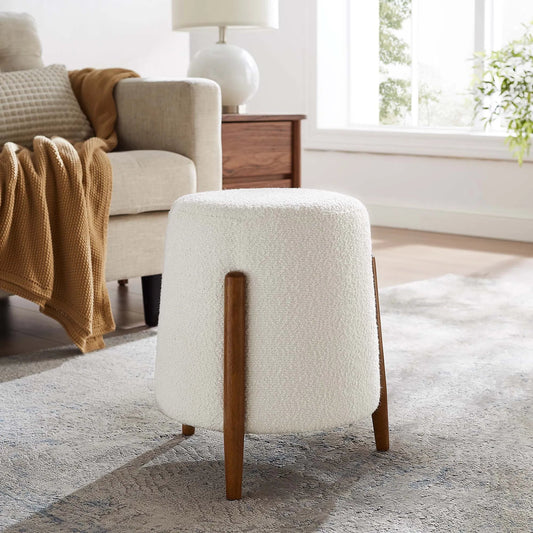 Neshoba Boucle Ottoman by Evans & Londeen in cloud. Made from boucle fabric in a unique style.