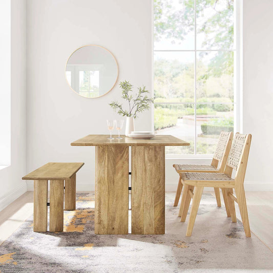 Canton 60" Wood Dining Table and Bench Set by Evans & Londeen. Made from mango wood walnut, light oak color in a cottage & farmhouse style.