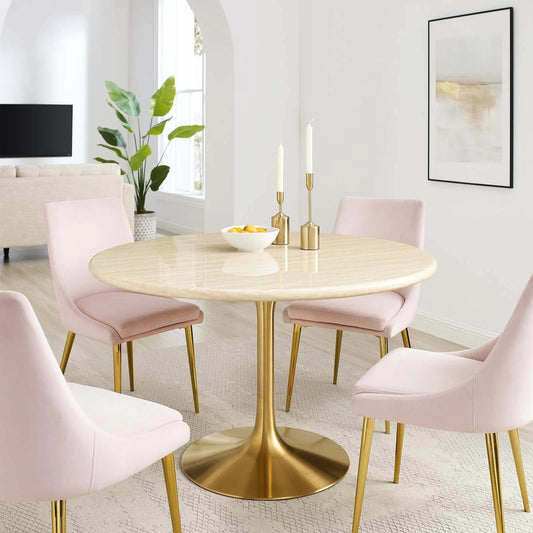 Halstead 48" Round Artificial Travertine Dining Table by Evans & Londeen in gold travertine. Made from unique in a modern style.