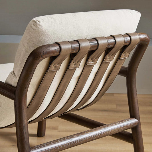 Alamance Sling Chair by Evans & Londeen in dune fabric, walnut. Made from wood in a unique style.