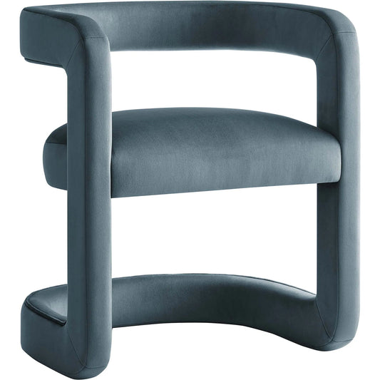 Tippah Barrel Dining Chair by Evans & Londeen. Made from performance velvet in a unique style.
