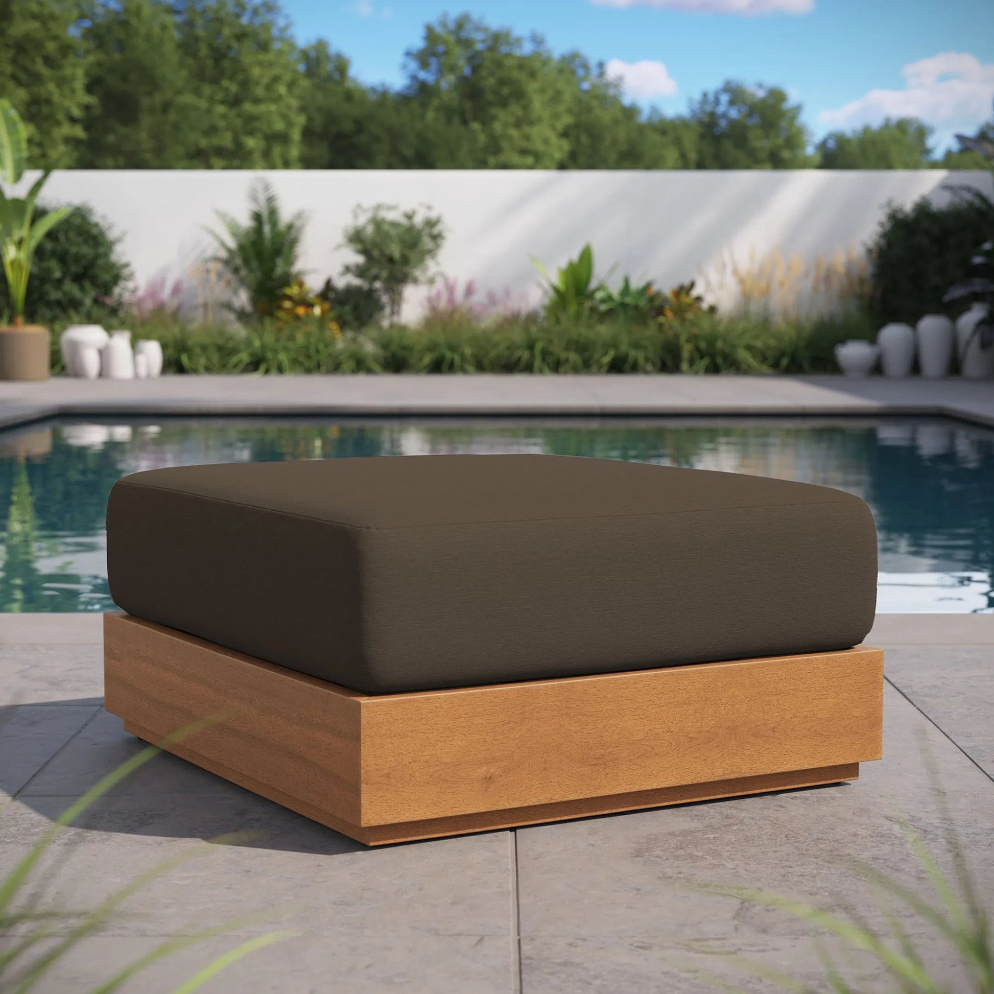 Conejos Acacia Wood Ottoman by Evans & Londeen. Made from acacia wood in a transitional style.