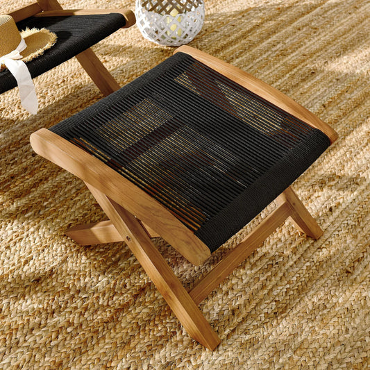 Baldwin Outdoor Teak and Rope Folding Ottoman by Evans & Londeen. Made from teak, rope in a unique style.