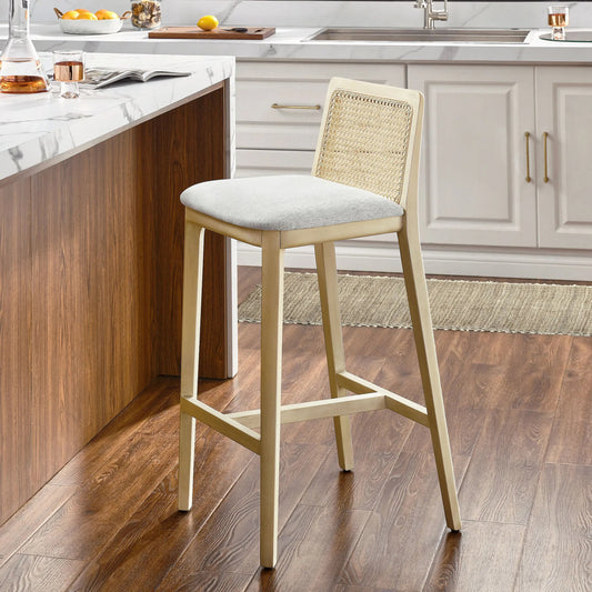 Carson Wood and Rattan Bar Stool by Evans & Londeen. Made from wood in a unique style.