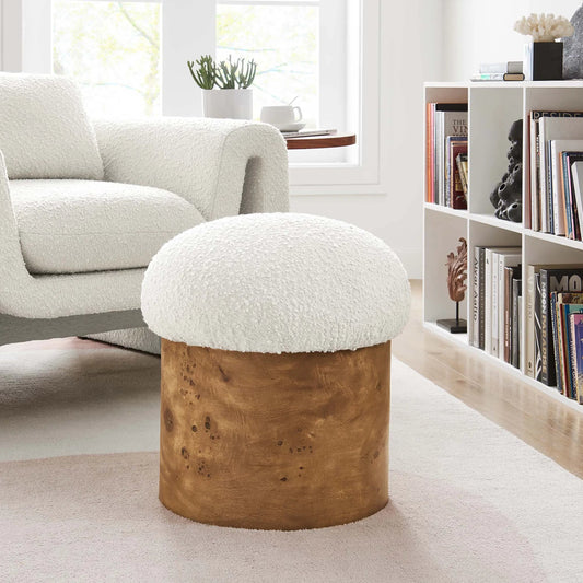 011 None | Unknown | Okeechobee Boucle Ottoman by Evans & Londeen in ivory burgundy. Made from boucle upholstered in a unique style.