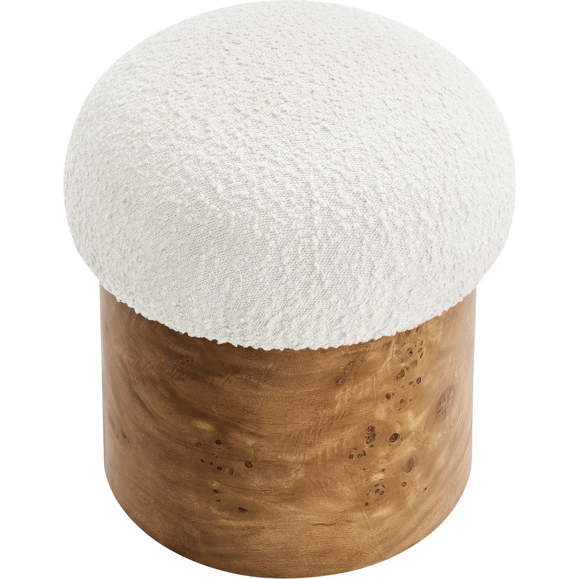 Okeechobee Boucle Ottoman by Evans & Londeen in ivory burgundy. Made from boucle upholstered in a unique style.