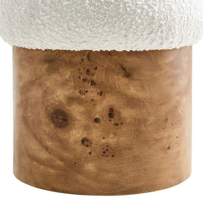 Okeechobee Boucle Ottoman by Evans & Londeen in ivory burgundy. Made from boucle upholstered in a unique style.