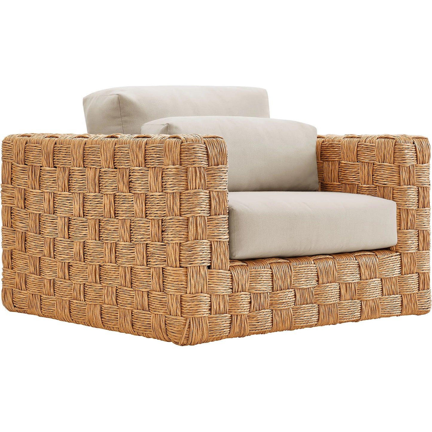 001 SI-2357957 | Primary Silo | Volusia Rattan Armchair by Evans & Londeen in natural light gray. Made from rattan in a rustic style.