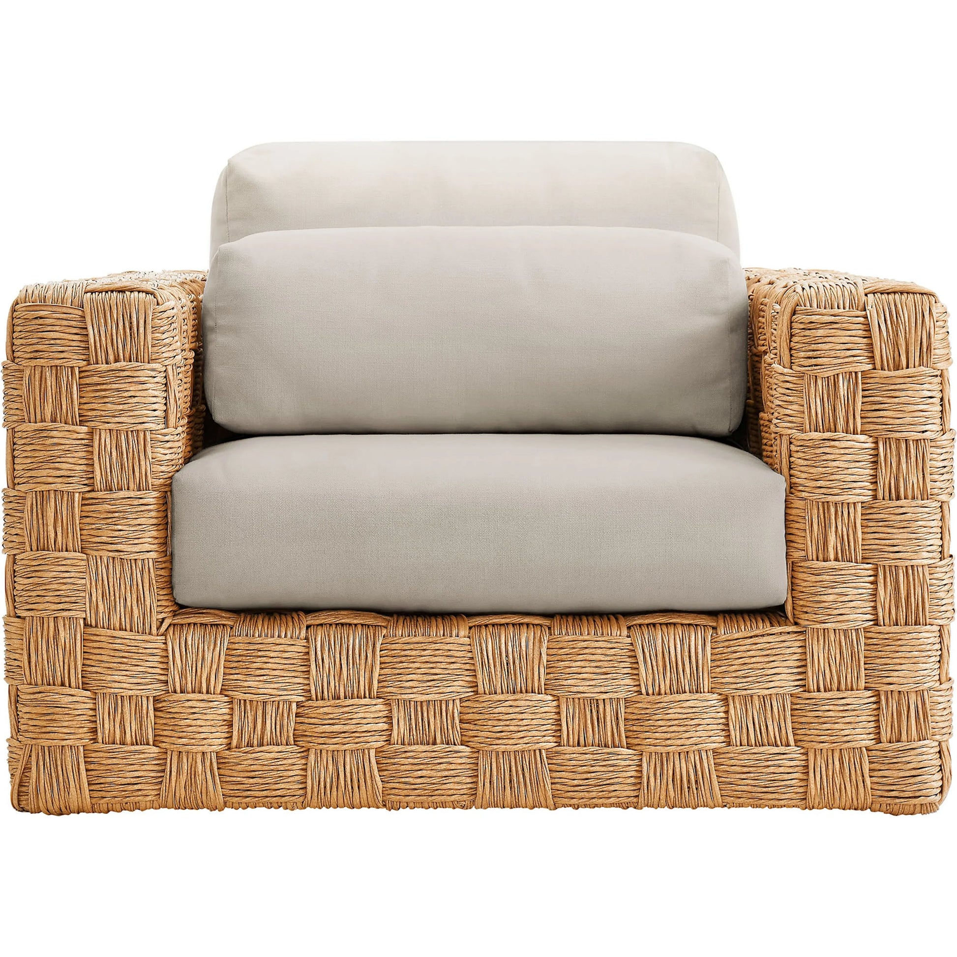 Volusia Rattan Armchair by Evans & Londeen in natural light gray. Made from rattan in a rustic style.