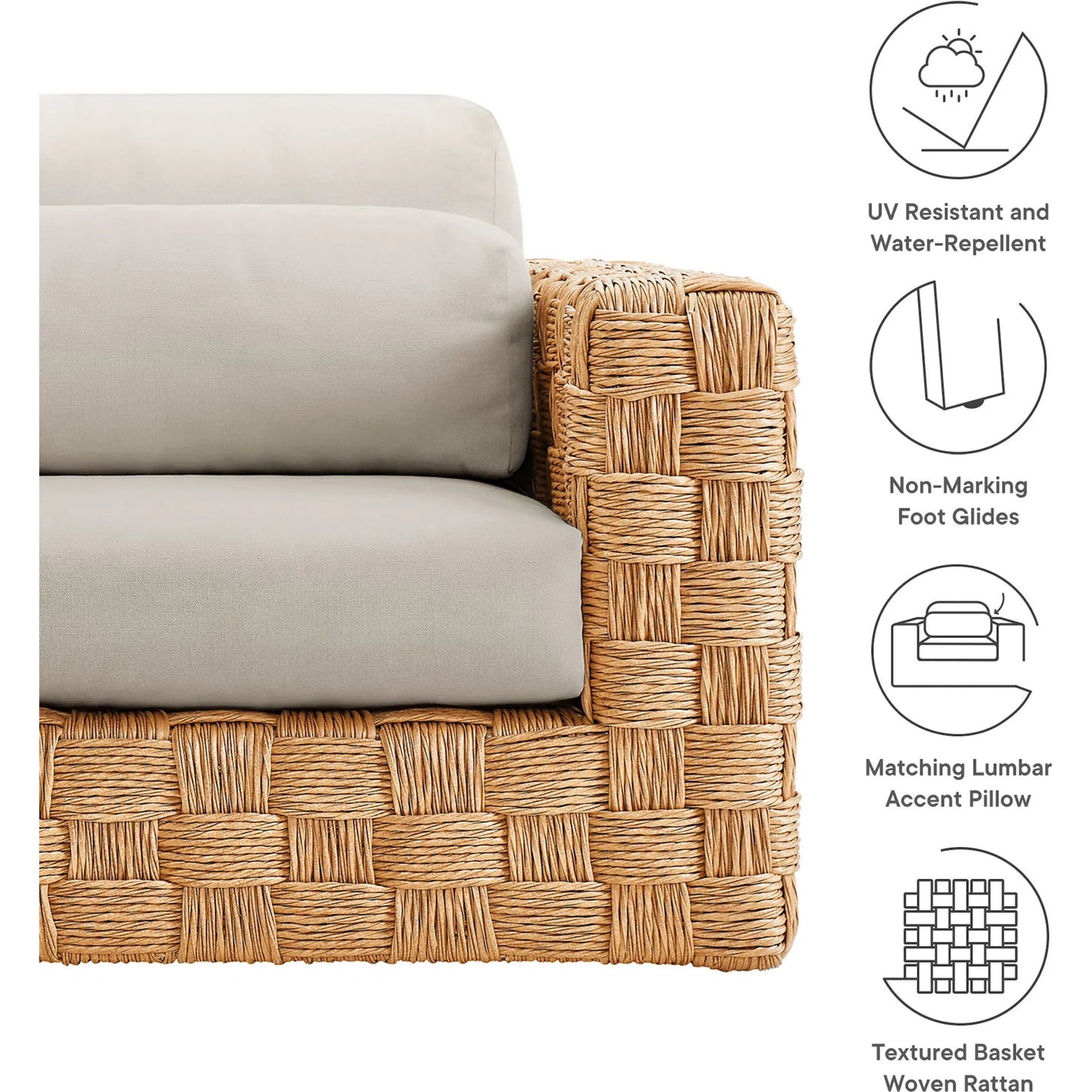 002 SI-2357957 | Closeup | Volusia Rattan Armchair by Evans & Londeen in natural light gray. Made from rattan in a rustic style.