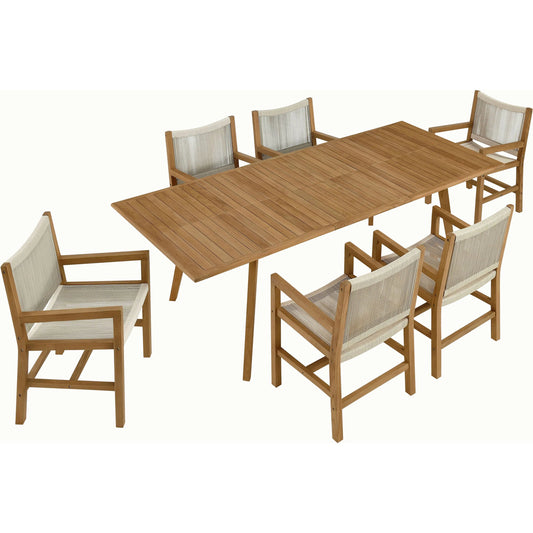 Baldwin Outdoor 7-Piece Teak and Rope Dining Set with Armchairs by Evans & Londeen. Made from teak, rope in a unique style.