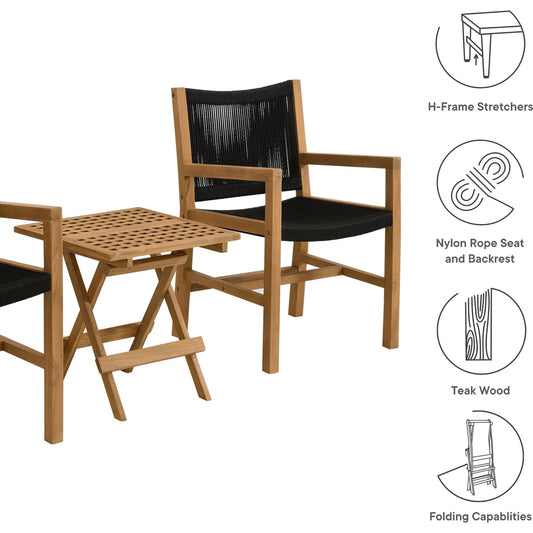 Baldwin Outdoor 3-Piece Teak and Rope Armchairs with Folding Side Table by Evans & Londeen. Made from teak, rope in a unique style.