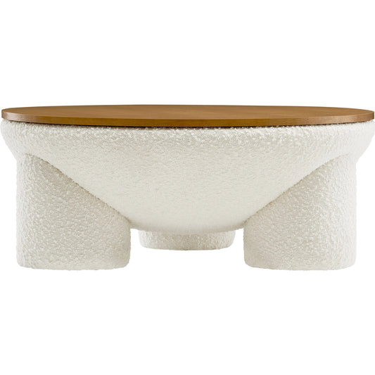 Jackson Round Boucle Storage Coffee Table by Evans & Londeen in natural ivory. Made from boucle upholstered in a unique style.