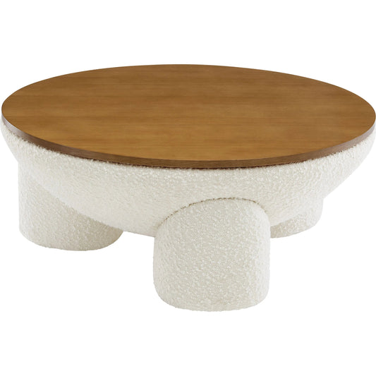 Jackson Round Boucle Storage Coffee Table by Evans & Londeen in natural ivory. Made from boucle upholstered in a unique style.