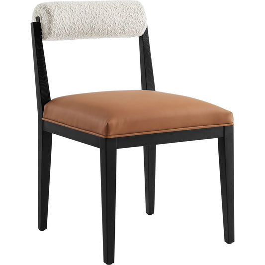 Grady Boucle and Vegan Leather Dining Chair by Evans & Londeen in pearl tan black. Made from boucle, vegan leather in a unique style.