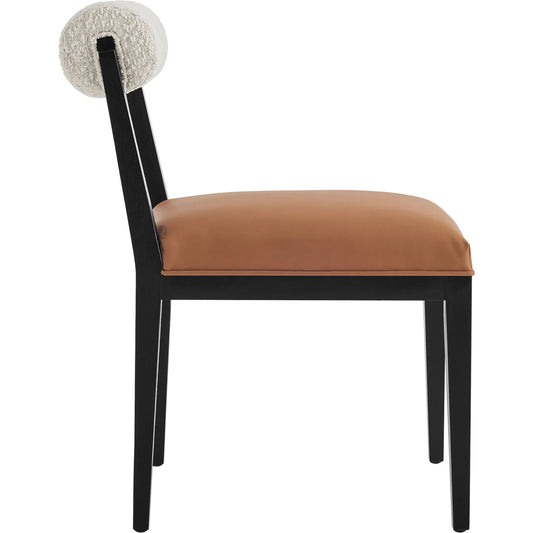 Grady Boucle and Vegan Leather Dining Chair by Evans & Londeen in pearl tan black. Made from boucle, vegan leather in a unique style.