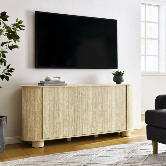 Chase 63” Oval Faux Travertine Sideboard by Evans & Londeen in travertine. Made from faux travertine in a unique style.