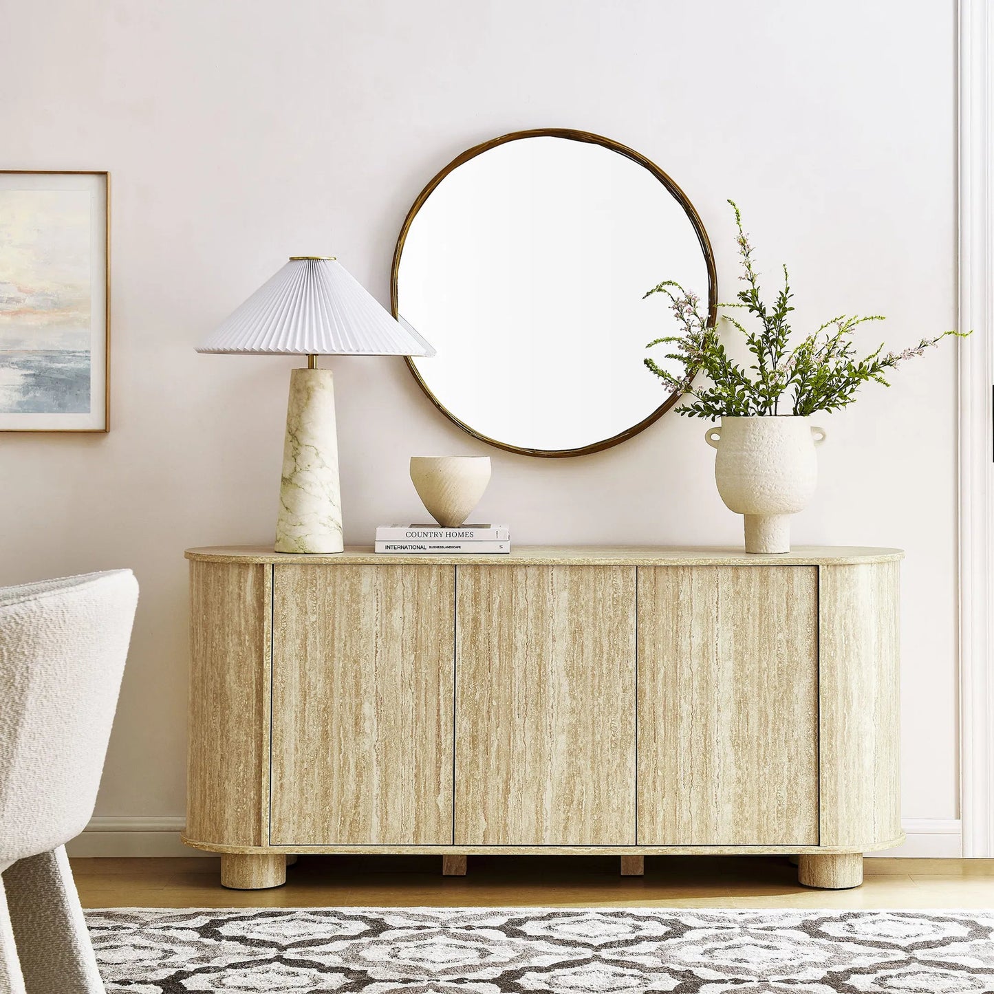 009 SI-2358124 | Lifestyle | Chase 63” Oval Faux Travertine Sideboard by Evans & Londeen in travertine. Made from faux travertine in a unique style.