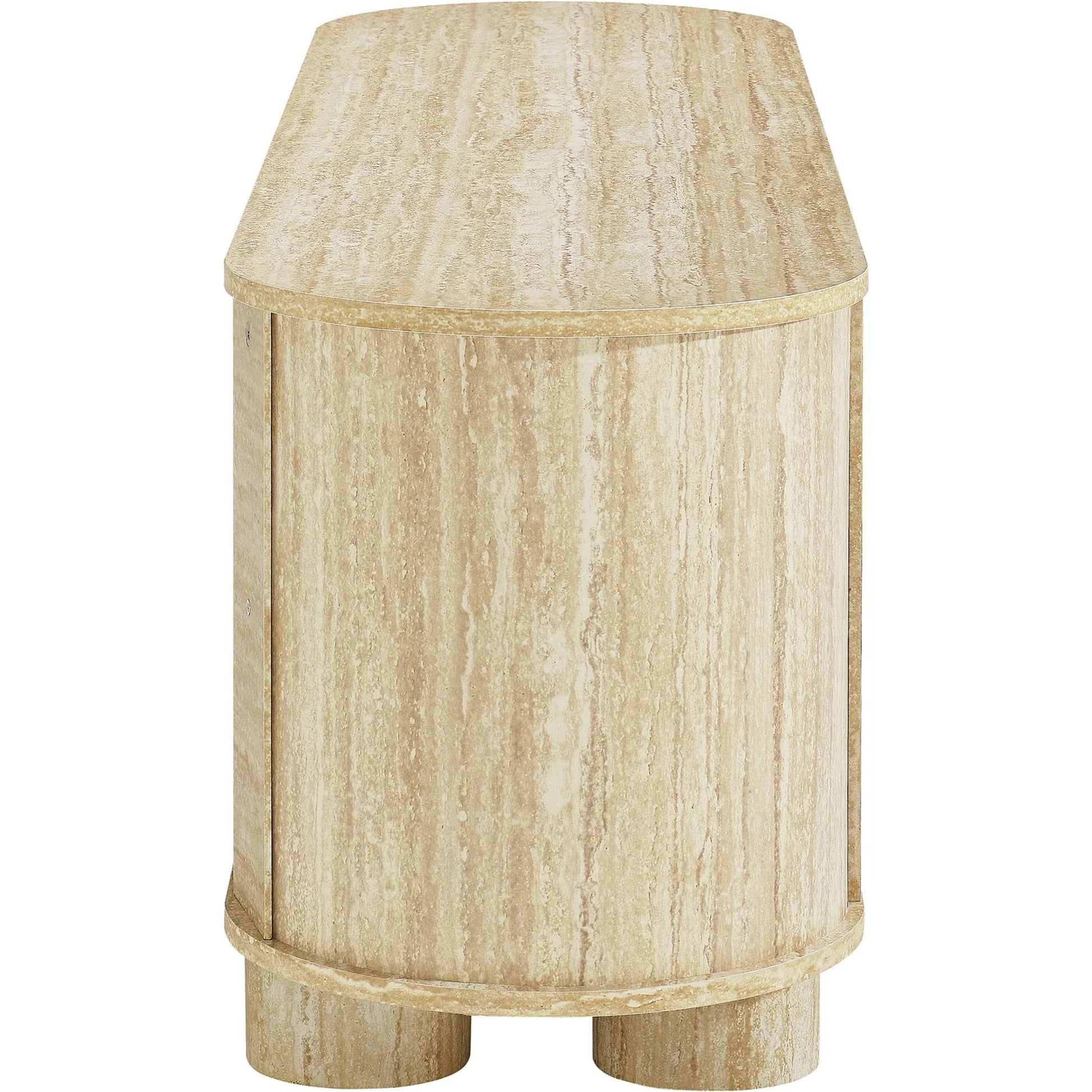 Dona 63” Oval Faux Travertine TV Stand by Evans & Londeen in travertine. Made from faux travertine in a transitional style.