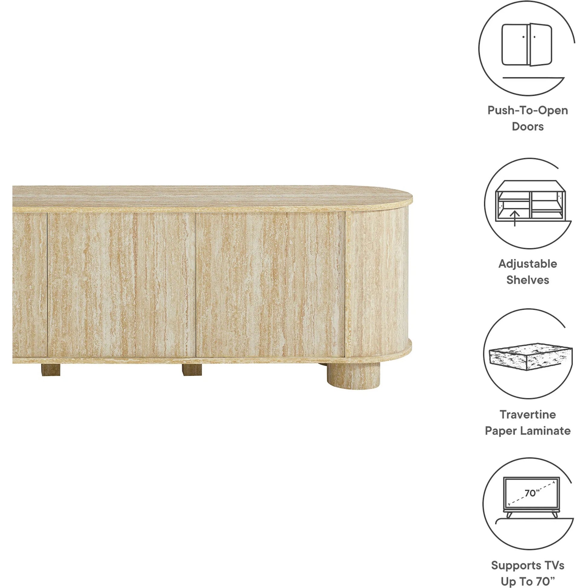 Dona 63” Oval Faux Travertine TV Stand by Evans & Londeen in travertine. Made from faux travertine in a transitional style.